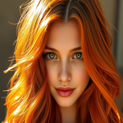 Radiant copper waves cascade down her shoulders, framing a delicate face with sun-kissed freckles, the "Autumn Sunset" style exuding warmth and vibrancy