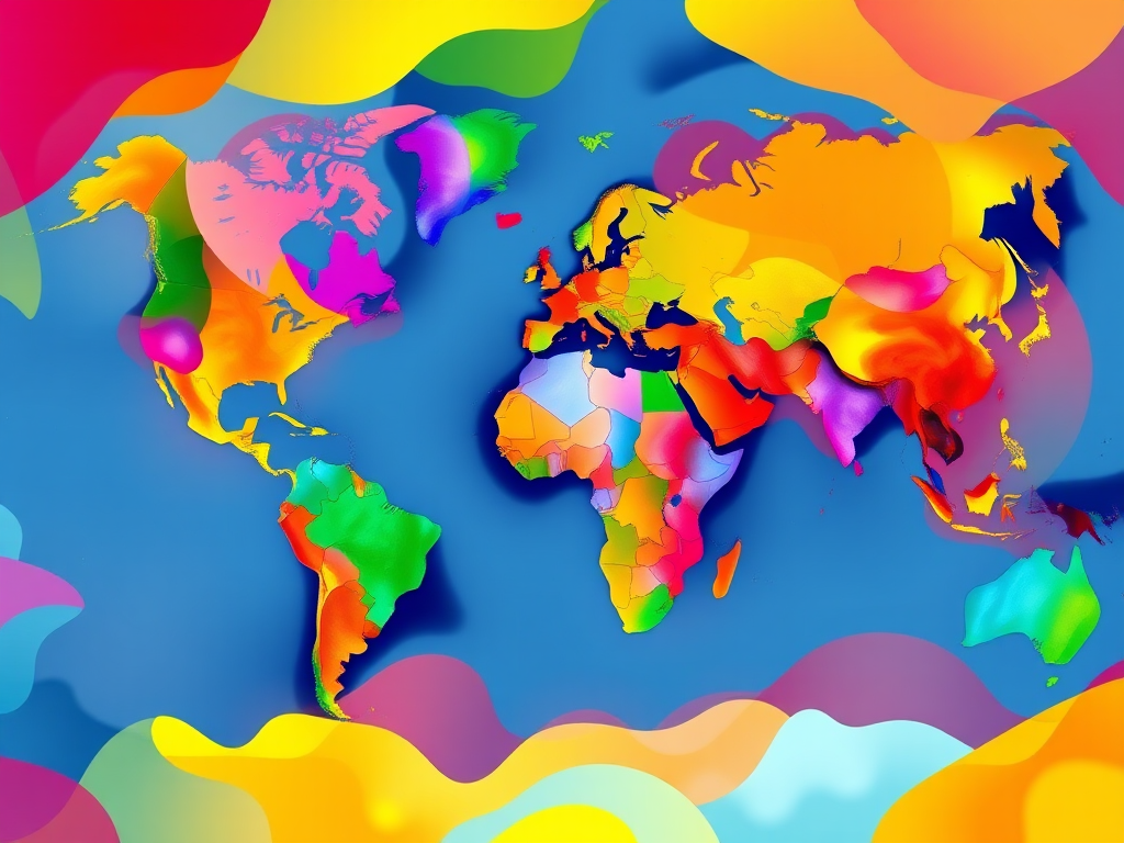Create a vibrant world map illustration featuring abstract shapes and colors, using a high-resolution digital art style, with a focus on bright, contrasting colors and smooth gradients, captured from a top-down perspective with a 50mm lens, aperture f/8, ISO 100, and a wide color gamut for enhanced clarity.