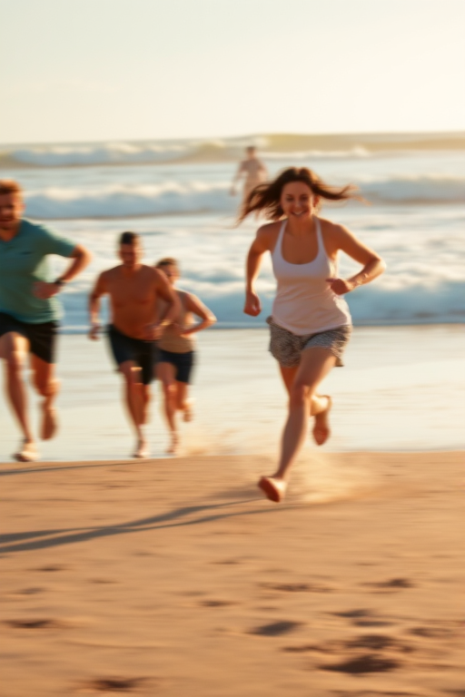 Blurry action shot of a group of friends racing down a sandy beach, soft focus on the waves crashing in the background, golden light from the setting sun casting long shadows.