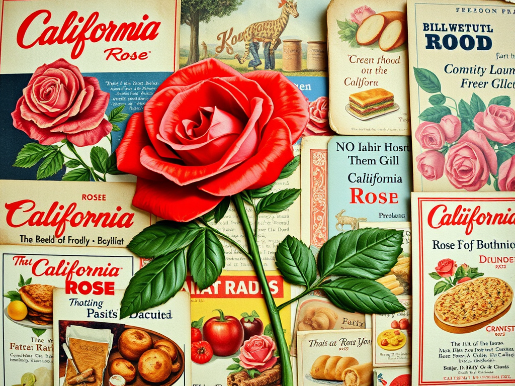 Vintage collage of California rose and food product advertisements, highly detailed, vibrant colors, macro lens, f/2.8 aperture, 50mm lens, vintage film style, natural lighting, shot from eye level.