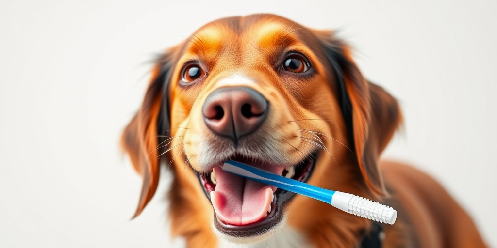 A cheerful dog with a toothbrush in its mouth, close-up shot, ISO 200, f/2.8, 1/200s, 50mm lens, soft studio lighting, Canon DSLR