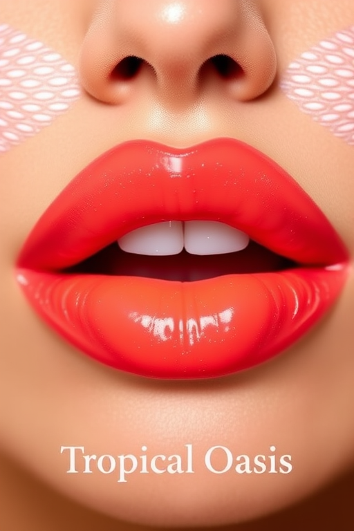 Vibrant coral sunset lips with a glossy finish, named "Tropical Oasis," feature a gradient effect and subtle shimmer, perfect for beach-inspired looks and summer evenings