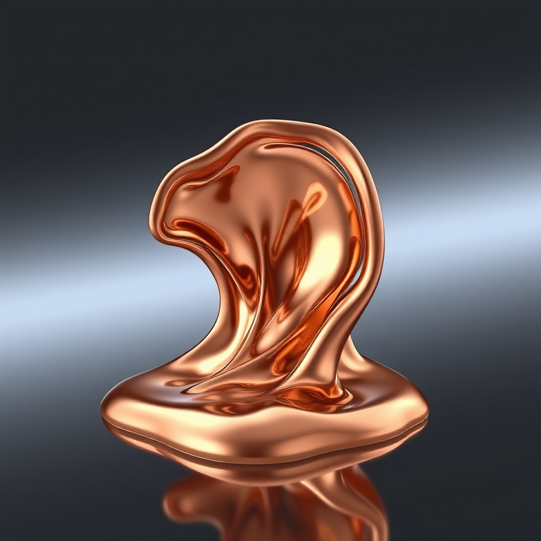 Create a hyper-realistic 3D rendering of a flowing copper liquid sculpture, captured with a DSLR camera at f/2.8, ISO 100, 50mm lens, in soft lighting, and from a low angle to emphasize the texture and reflections.