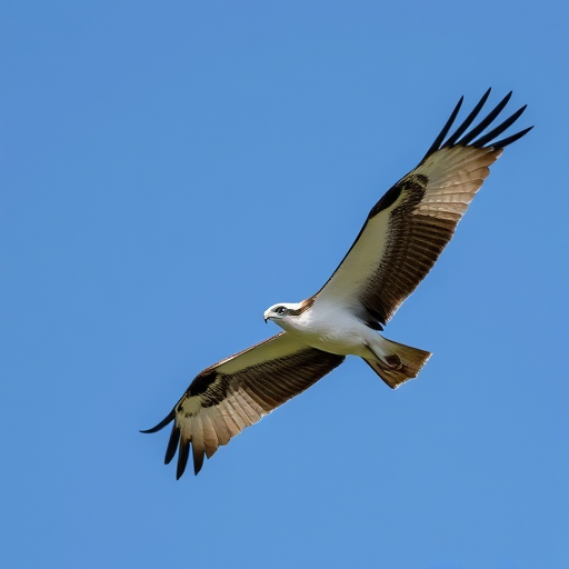 capture a high-resolution image of an osprey in mid-flight against a clear blue sky using a DSLR camera with a 300mm lens, aperture at f/8, shutter speed at 1/1000s, and ISO 200 for optimal clarity and detail