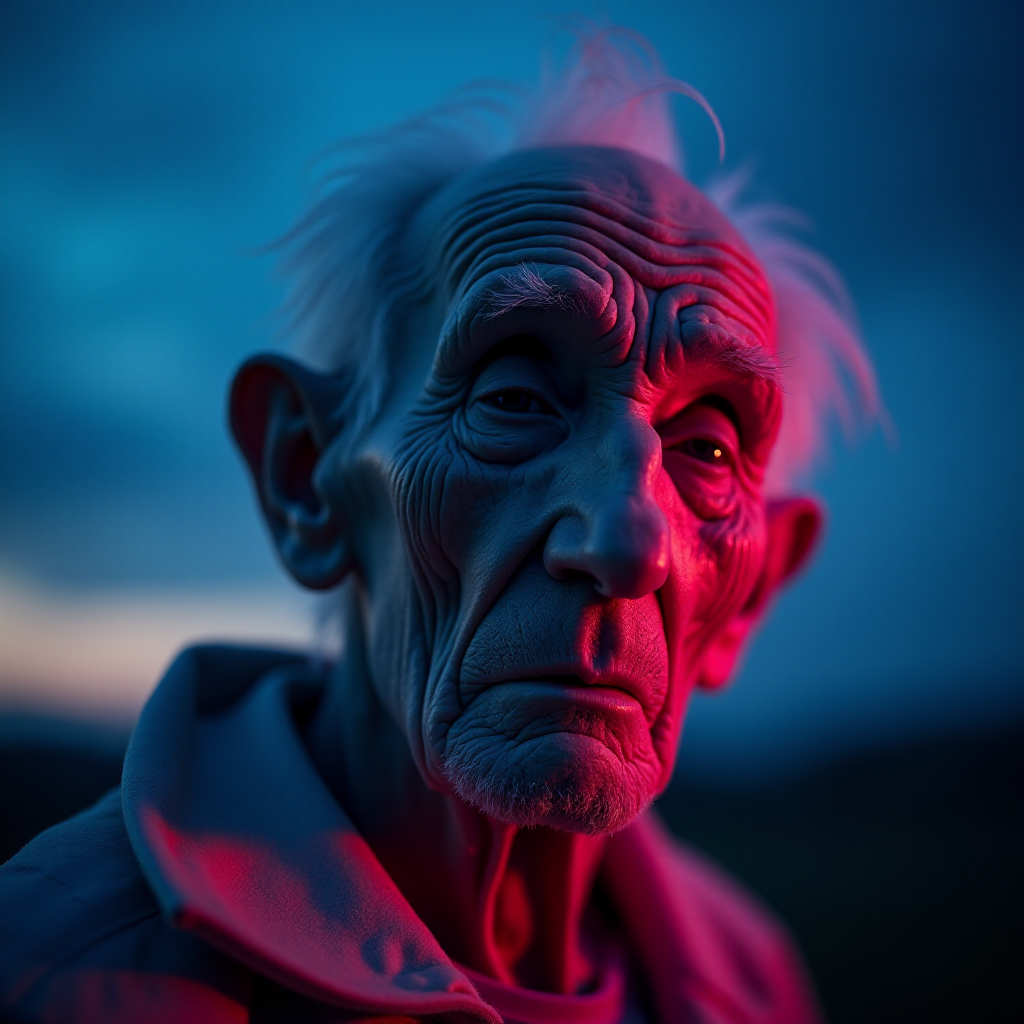 create a close-up perspective view fine art photography contemporary style of an elderly worn albino’s face with a soft, candid expression on a blurred sky black light background. Showcasing a modern style characterized by vibrant blacklight tones, using dramatic lighting and soft gradients to create a fine art atmosphere. The focus is on the light and facial features. motion light blur, neon backlit