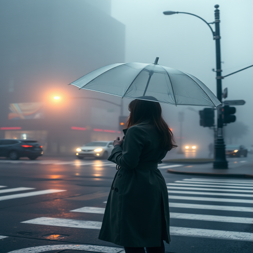 Foggy street corner in a bustling city, a woman in a trench coat stands at a crosswalk, her hand gripping her umbrella as headlights pierce the thick fog around her.