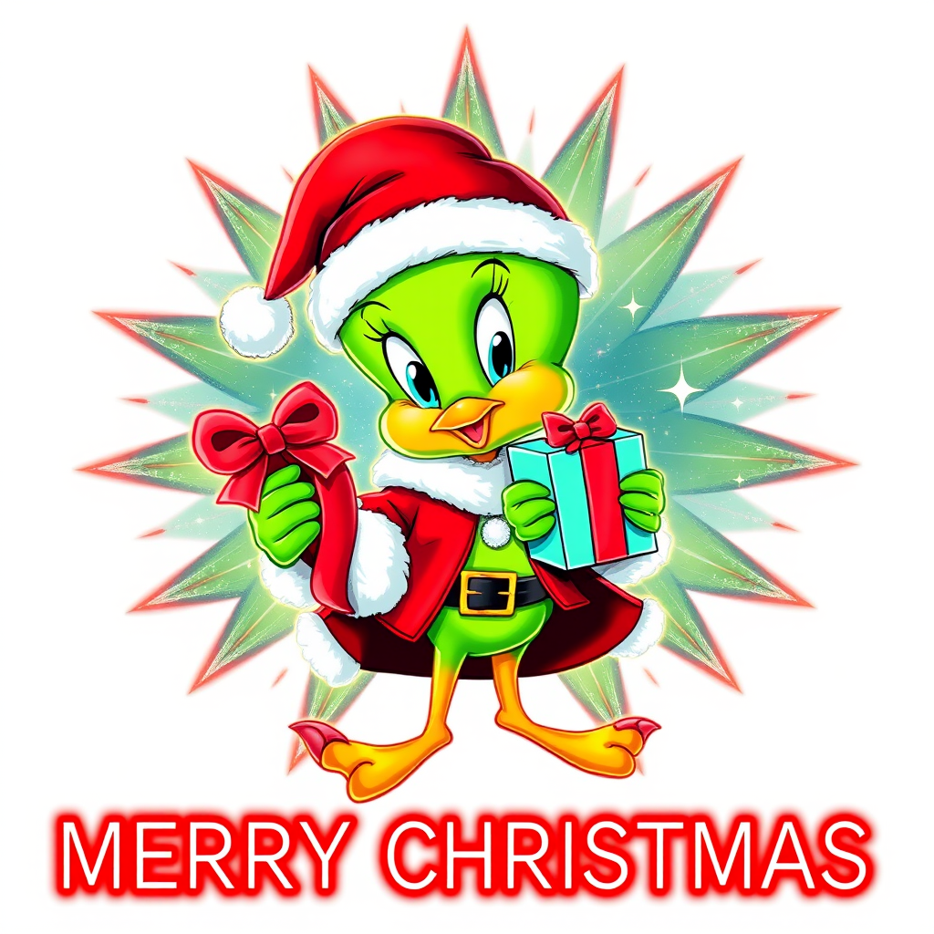 Merry Christmas” cosmic star art tweety bird wearing a Christmas hat and Santa jacket holding gift with a big bow tweety bird is extremely detailed and vibrant behind her is star cosmic design on white background that’s all Christmas colors red green white the words “MERRY CHRISTMAS” is written at the bottom in red electric font outline in black 3000dpi 32k