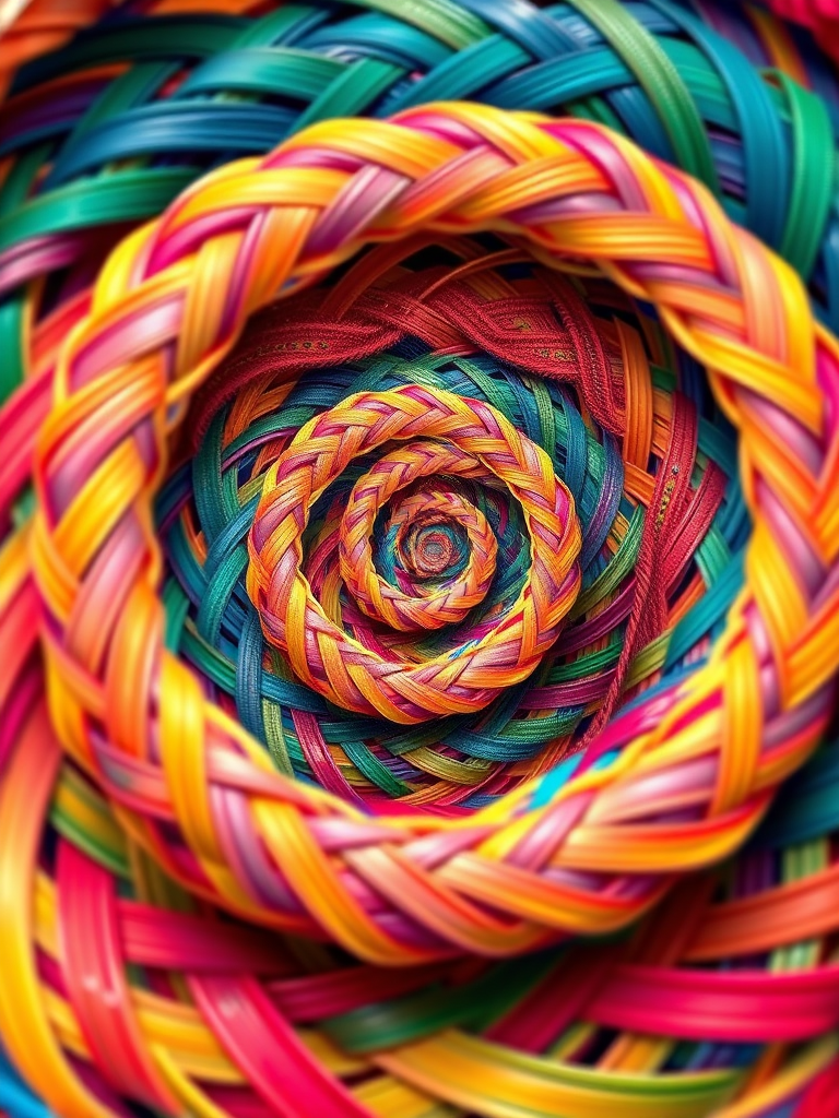 Generate an abstract image of a colorful spiral with intricate woven patterns using a professional DSLR camera, 50mm lens, f/1.8 aperture, ISO 100, 1/60s shutter speed, capturing vibrant colors in high detail and clarity.