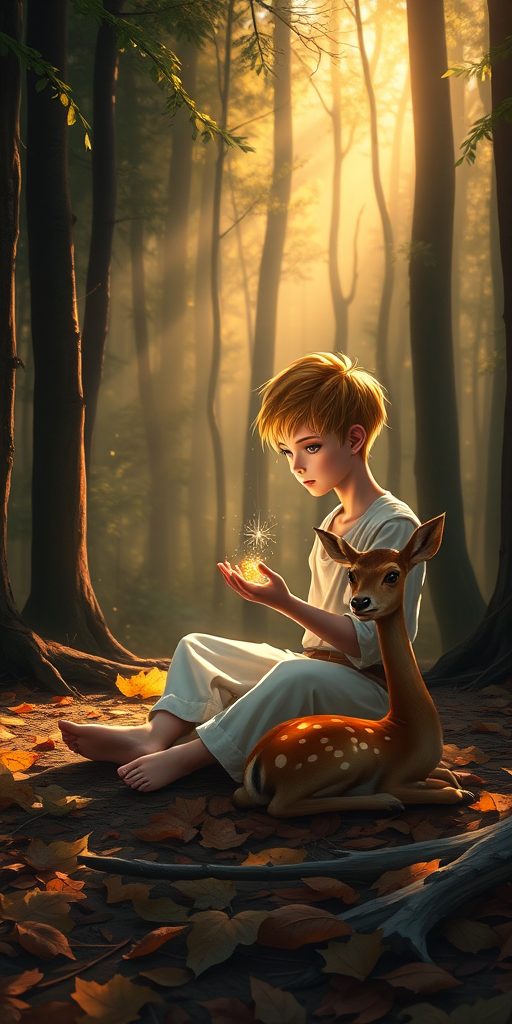 A luminous digital painting of a serene forest scene featuring a barefoot young male, about 7 years old, with Yellow hair and fair skin, dressed in a simple white outfit. He sits cross-legged on the forest floor, gazing at a small, glowing, magical firefly in his hand. Beside him, a delicate spotted deer lies calmly on a bed of dried leaves, observing the scene. The dense forest is bathed in warm, golden light filtering through the trees, creating a peaceful, magical atmosphere with a blend of natural and mystical elements.