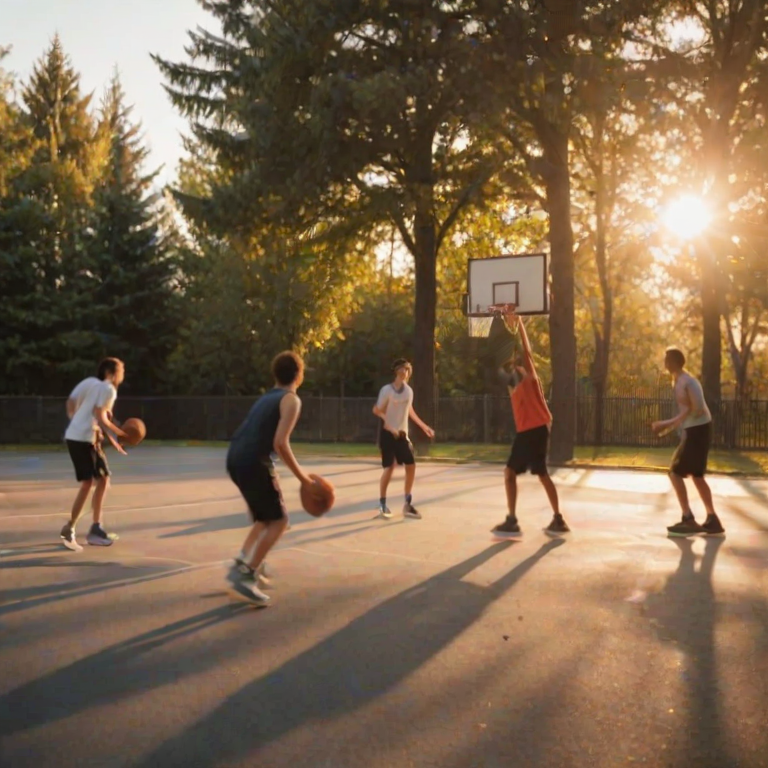 Blurry candid shot of a group of teenagers playing basketball on an outdoor court at sunset, soft golden light casting long shadows on the asphalt, with a basketball hoop and trees barely visible in the background.
