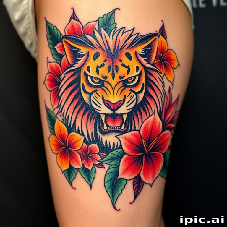 Neo-traditional tattoo of a fierce lioness surrounded by vibrant tropical flowers on the thigh, bold outlines and rich, saturated colors creating a striking contrast