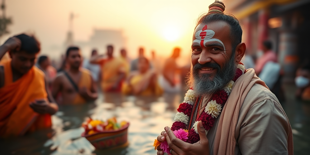 A vibrant scene of a holy man with a painted face holding a flower-adorned offering, surrounded by water and devotees, captured at sunrise with a Canon EOS R5, 50mm lens, f/1.8, ISO 100, and soft golden hour lighting for enhanced warmth and detail.