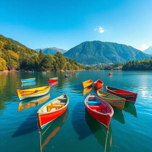 regenerate an image of colorful boats on a calm water body surrounded by lush green trees and mountains in the background under a clear blue sky, captured with a DSLR camera at f/8 aperture, 1/200 sec shutter speed, ISO 100, wide-angle lens, 24mm focal length, shot from an eye-level perspective to enhance depth and clarity