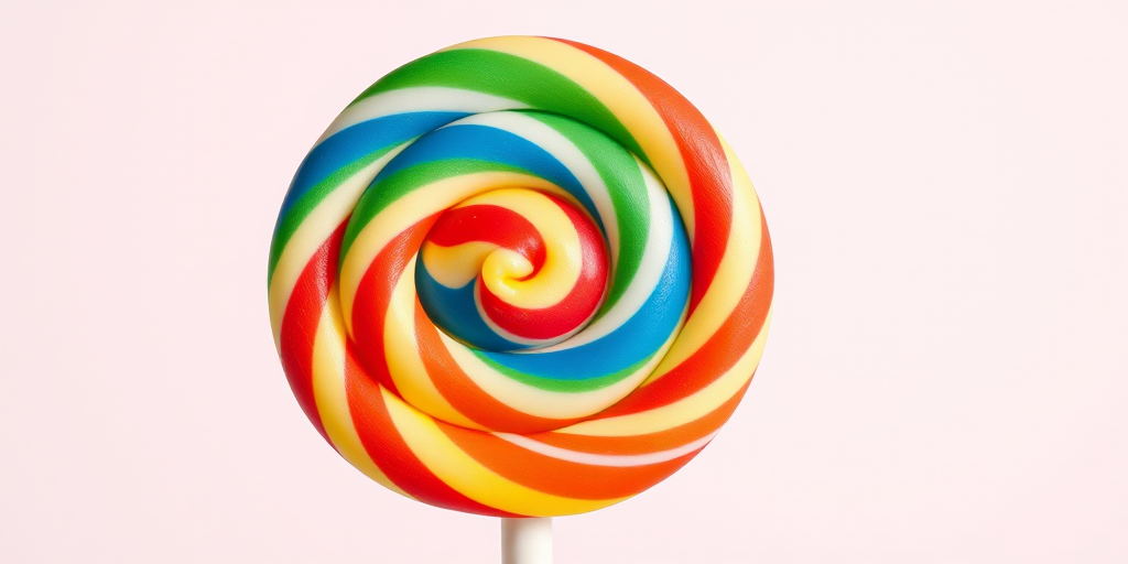 Create a colorful, high-resolution image of a spiral lollipop with vibrant swirls of red, green, blue, and yellow against a plain background using a DSLR camera, aperture f/2.8, shutter speed 1/125s, ISO 100, and a 50mm lens to emphasize detail and brightness.