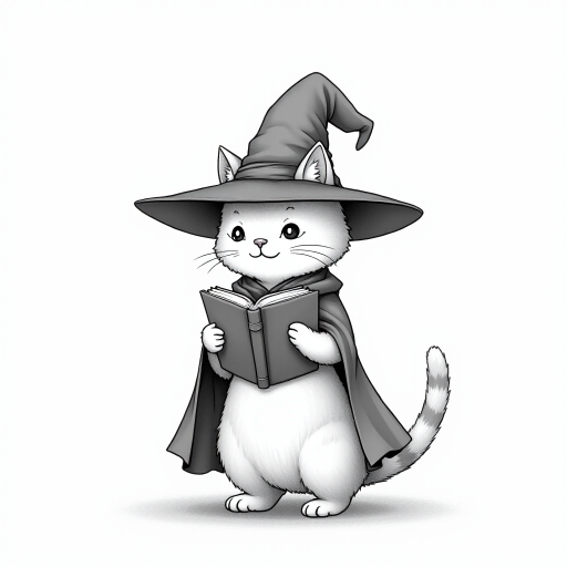 A grayscale illustration of a cat wearing a witch's hat and cloak. The cat is standing on its hind legs and is holding a spellbook in its paws and reading it intently. The hat is tall and pointed, with a wide brim and a pointed top. The cloak is draped over the cat's body, covering its body. The background is plain white, making the cat and the book the focal point of the image.