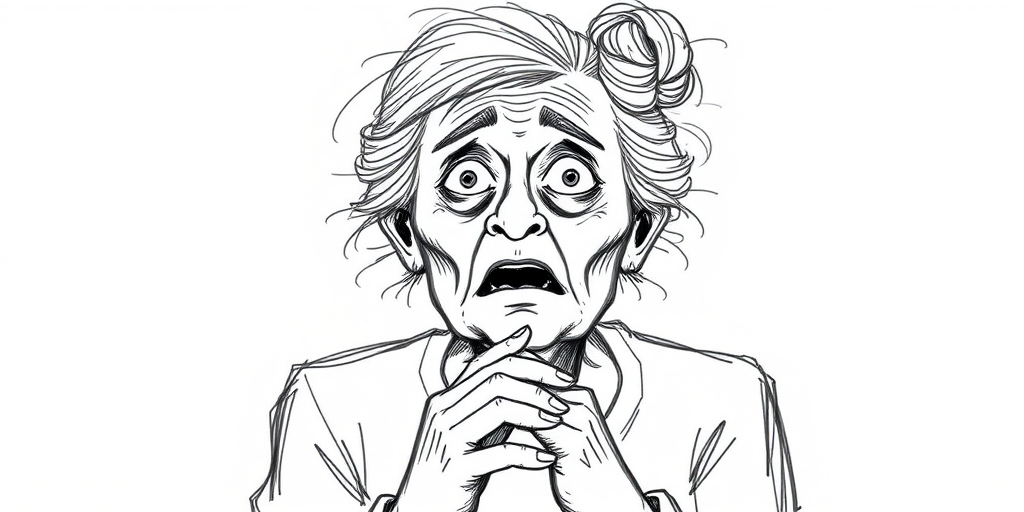 scribbly unfinished sketch, old lady with messy gray hair in a loose bun, surprised expression, mouth open, hands clasped together in front of her chest. Her eyes are wide, eyebrows are furrowed. vibe of shock or surprise.