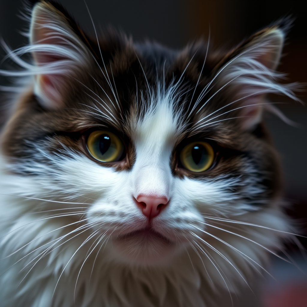 A close-up shot of a fluffy cat with black and white fur, focusing on its captivating eyes, taken with a Canon EOS R5, 50mm lens, f/1.8 aperture, ISO 200, in low-light conditions for enhanced detail and textures.