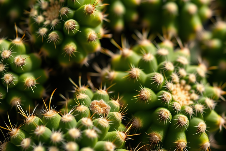 Close-up of vibrant green cacti with detailed textures and patterns, captured in natural light using a Canon EOS 5D Mark IV, aperture f/4, shutter speed 1/250s, ISO 200, macro lens, shallow depth of field.