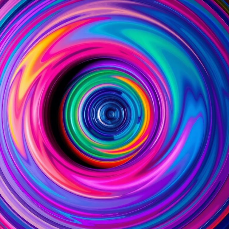 Create a vibrant, swirling abstract image featuring concentric circles in a myriad of colors, using a Canon EOS R5 camera, 50mm lens, f/1.8 aperture, ISO 100, and a shallow depth of field for enhanced vibrancy and clarity, shot in a top-down view.