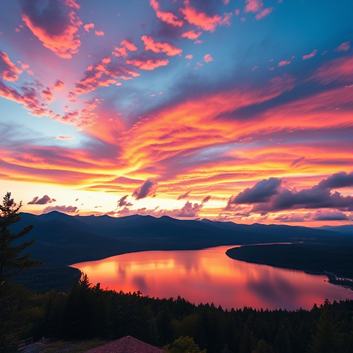 Generate a high-resolution image of a beautiful landscape at sunset, with vibrant colors and dramatic clouds, capturing a serene lake reflecting the scenery; use a DSLR camera, aperture f/8, ISO 100, focal length 24mm, and a wide-angle lens for an expansive view.