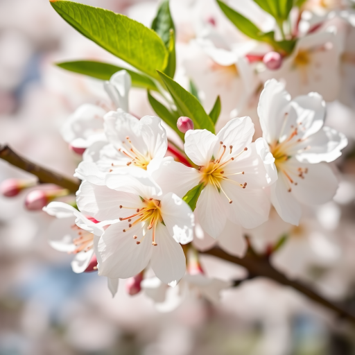 close-up of white cherry blossoms in full bloom, natural sunlight, f/2.8 aperture, 50mm lens, macro photography, DSLR camera, high resolution, shallow depth of field.