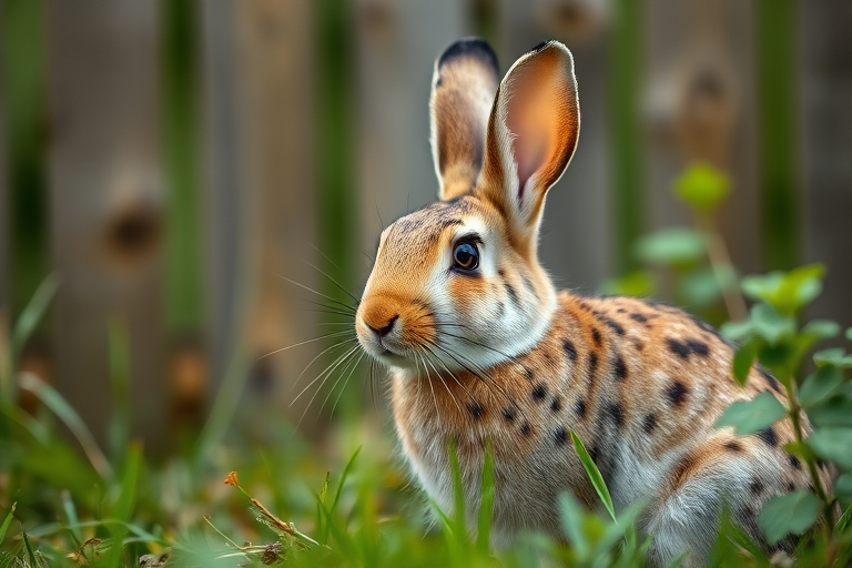 regenerate a close-up image of a spotted rabbit sitting in greenery with a blurred wooden fence in the background, using a DSLR camera with a 50mm lens, aperture f/2.8, ISO 100, natural lighting for a soft effect