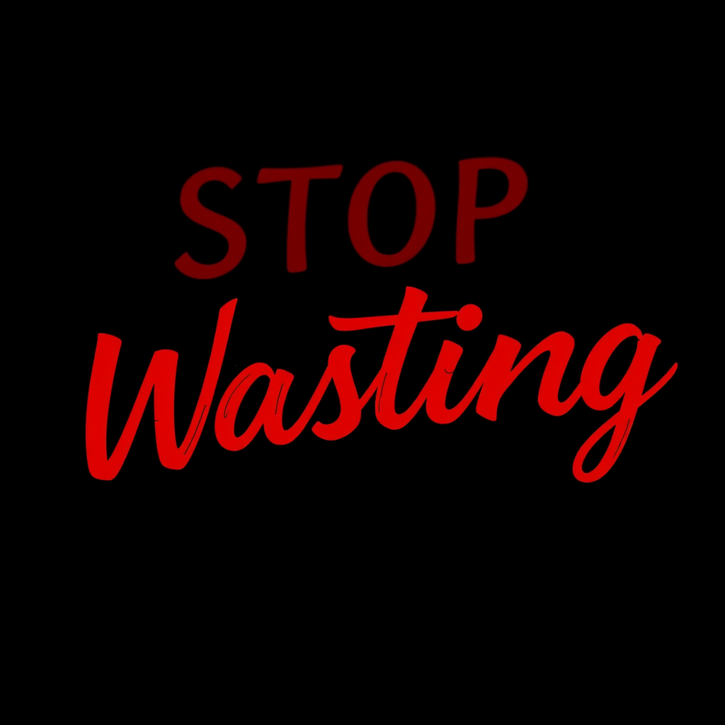 Create an image of the phrase "Stop Wasting" in bold red cursive lettering against a black background, using a DSLR camera with a 50mm lens at f/1.8, ISO 100, and a soft-focus depth of field to enhance image quality.