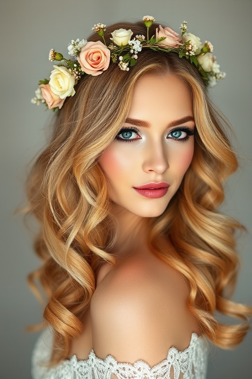 Romantic loose curls in strawberry blonde, adorned with a delicate floral crown and face-framing wisps, creating a soft and ethereal bridal-inspired style