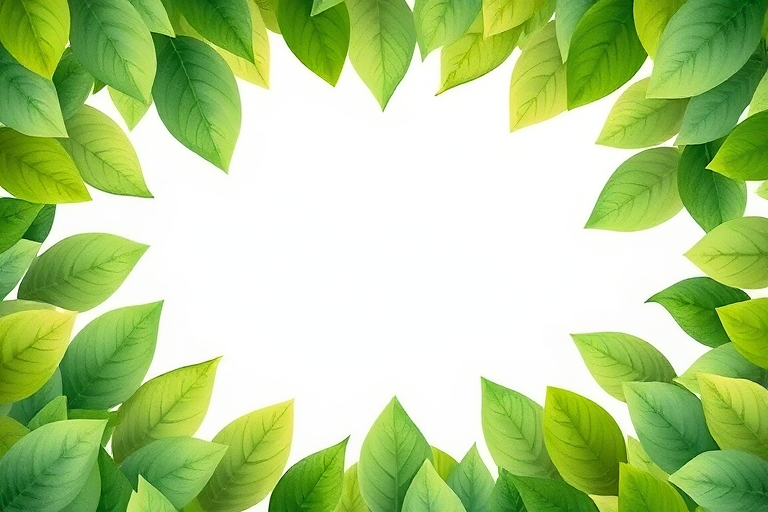Create a soft, watercolor illustration of lush green leaves framing a blank central space, using a Canon EOS R5 with a 50mm f/1.2 lens, aperture set to f/2.8, ISO 200, and a gentle natural light setting for enhanced colors and smooth gradients.