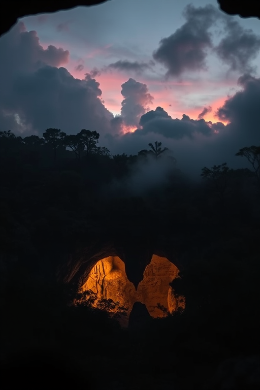 photograph, landscape of a Mythical Grotto from inside of a Harare, at Twilight, Depressing, Cloudpunk, Cold Lighting, dynamic, Nikon d850, Depth of field 270mm, Amaro, Golden ratio