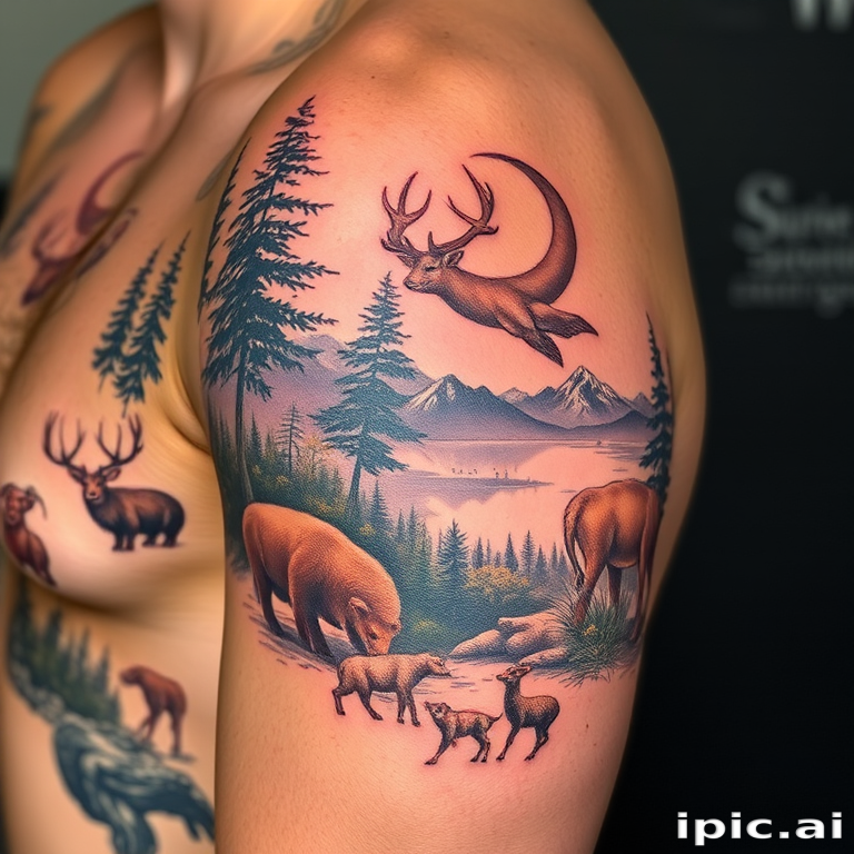 Photorealistic nature tattoo named "Wild Serenity" depicting a hyper-detailed landscape scene with animals and plants so lifelike they appear to be a photograph imprinted on the skin