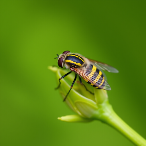 Close-up of a yellow and black striped fly resting on a green plant bud, with a blurred green background, captured with a Canon EOS R5, 100mm macro lens, aperture f/2.8, shutter speed 1/200s, ISO 400, natural light.