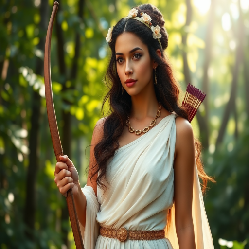 Create a portrait of a goddess-like Polynesian girl figure in a tranquil, forested environment. She has an elegant appearance with long, wavy hair styled in an updo and adorned with a delicate, floral headband. She wears a flowing, ancient Greek-inspired gown in a soft, pale color, featuring a one-shoulder design and draped fabric that accentuates her graceful form. The outfit includes a decorative belt with ornate gold detailing, and she holds a bow in her hand, with a quiver of arrows slung over her shoulder. The background depicts lush greenery, with sunlight filtering through the trees, casting a gentle, ethereal light on the scene. Her expression is calm and contemplative, embodying a sense of wisdom and serenity.