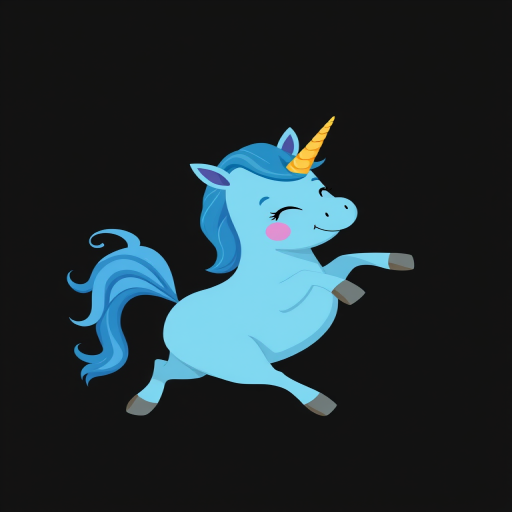 Create a playful illustration of a blue unicorn with a golden horn, jumping joyfully against a black background, captured with a DSLR camera at f/4 aperture, ISO 100, with a 50mm lens and a shallow depth of field for crisp details.