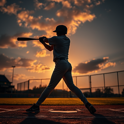 Create a high-resolution silhouette of a baseball player swinging a bat captured with a Canon EOS R5 at f/2.8, 1/1000s shutter speed, ISO 200, shot from a low angle, using a telephoto lens for a dynamic perspective.