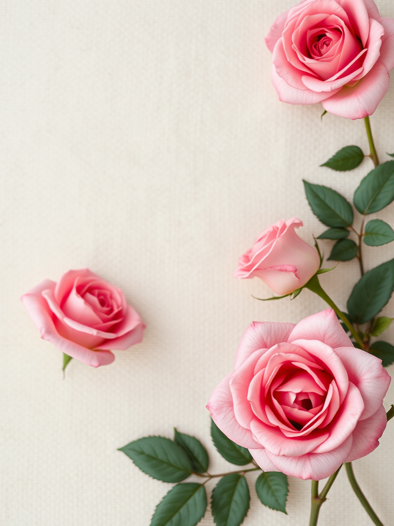 Create a soft-focus floral border design with delicate pink roses on a textured beige background, using a DSLR camera with a 50mm lens at f/1.8, ISO 100, and a wide-angle view to enhance detail and depth.