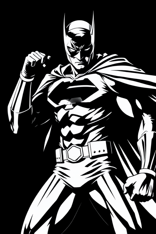 Create a high-contrast, stylized illustration of a superhero in a dynamic pose, emphasizing sharp lines and a bold monochrome palette, captured with a DSLR camera at f/2.8 aperture, 1/500 sec shutter speed, 50mm lens, with a focus on high detail and clarity.