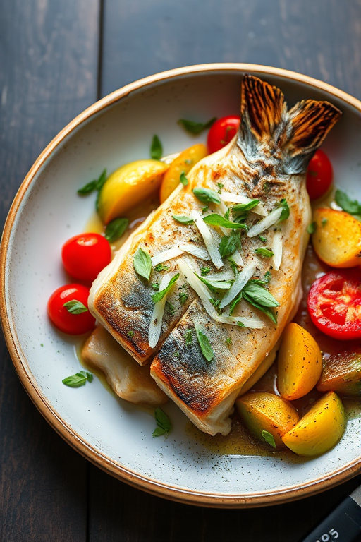 Photograph a beautifully plated dish of fish with fresh herbs and vibrant vegetables, aperture f/2.8, shutter speed 1/200s, ISO 200, shot from a top-down angle using a DSLR camera with natural light.