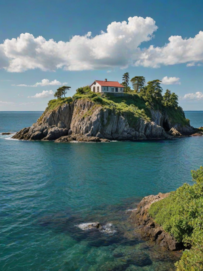 generate an image of a coastal landscape featuring a rocky island with a house on top, surrounded by calm blue waters and a clear sky with a few clouds, lush green vegetation in the foreground