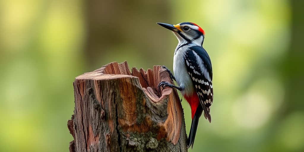 Capture a high-resolution image of a woodpecker perched on a tree stump, with a shallow depth of field to create a blurred background, using a Canon EOS 5D Mark IV camera at f/2.8, ISO 200, and a shutter speed of 1/250s, with a 300mm lens for detailed focus on the bird.