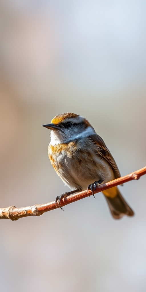 Capture a close-up of a small bird perched on a branch, using a DSLR camera with a 200mm lens, aperture set to f/4 for a shallow depth of field, ISO 200 for natural light, and a shutter speed of 1/500s to freeze the motion, with a soft focus background to emphasize the bird.