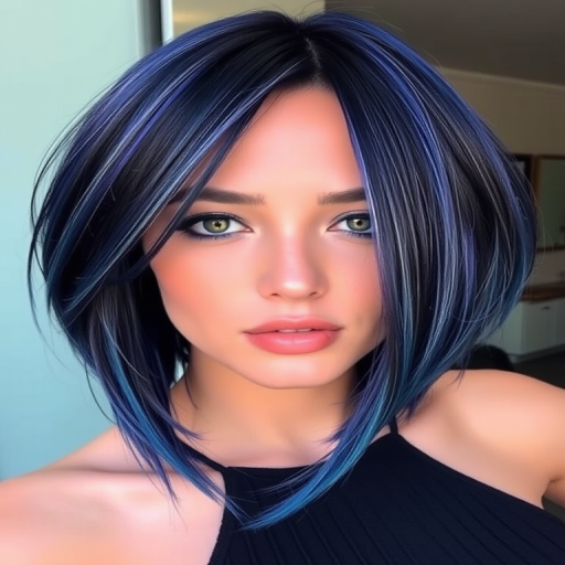 Striking model showcases Midnight Galaxy locks, a mesmerizing blend of deep blue and purple hues with silver streaks resembling stars, styled in a sleek asymmetrical bob cut