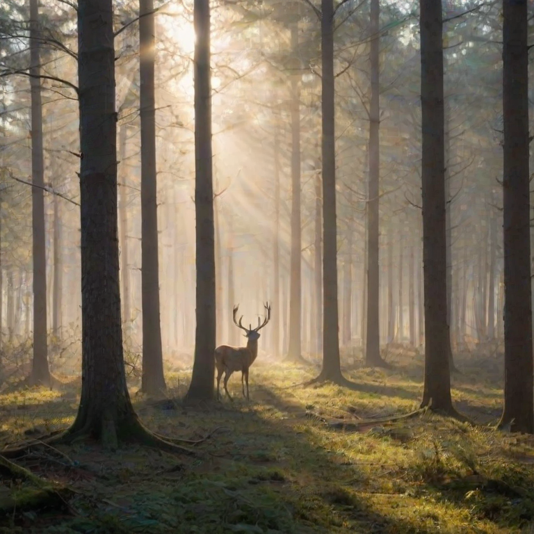 Soft-focus image of a misty forest at dawn, with soft rays of sunlight breaking through the trees and casting long shadows on the forest floor, a deer barely visible in the distance.