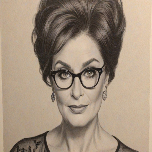 Bewitching Sharon Osbourne, pencil sketch, portrait of Captivating woman 1950s in glasses, hair style beatnik, outline, clear lines, fine lines, 8k