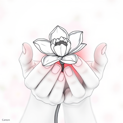 create a line art illustration of two hands holding a blooming flower, captured with a Canon EOS R5, 50mm lens, f/2.8 aperture, ISO 100, in natural light from the left, with a soft focus background for enhanced clarity and detail.
