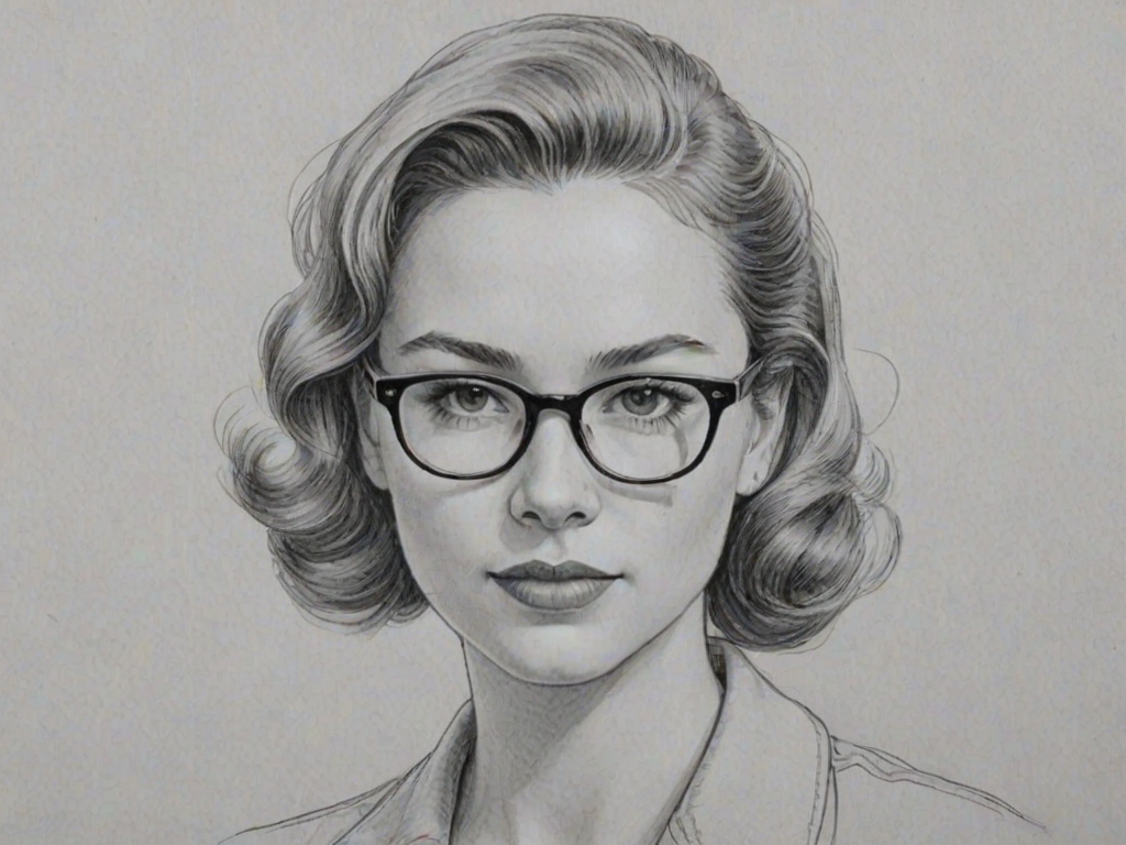 Pleasing Morgan Saylor, pencil sketch, portrait of Superb woman 1952s in glasses, hair style beatnik, outline, clear lines, fine lines, 8k