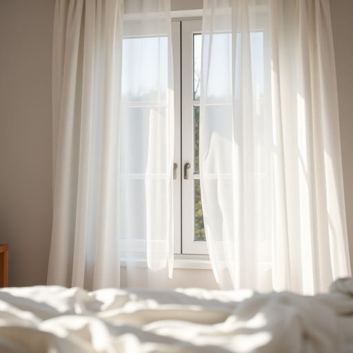 A cozy bedroom window scene with sheer white curtains gently blowing in the breeze, natural light streaming in, soft focus on the bed linens in the foreground, captured with a DSLR camera at f/2.8 aperture, ISO 100, shutter speed 1/60s, in a bright and airy atmosphere.