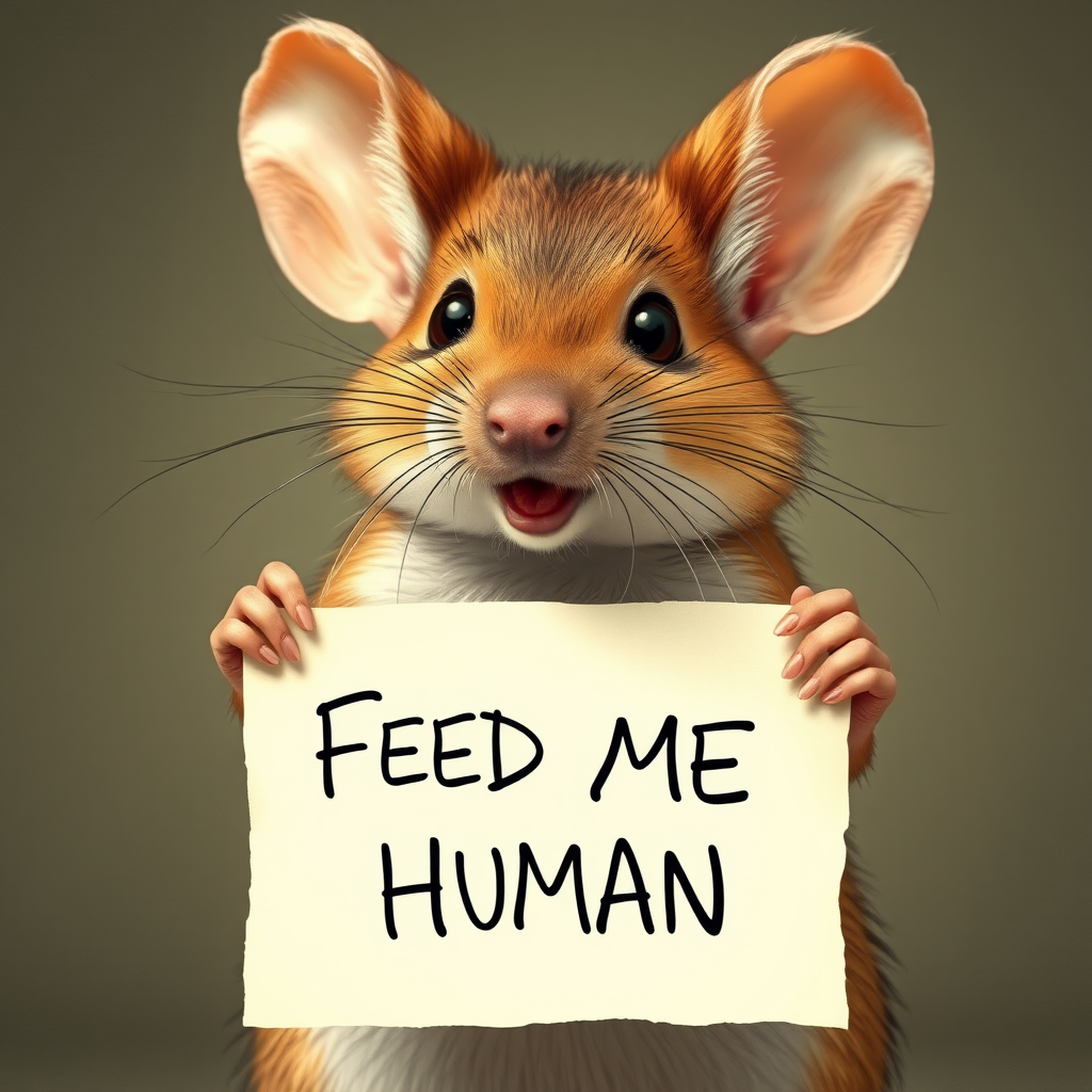 mouse holding a note which says "FEED ME HUMAN"