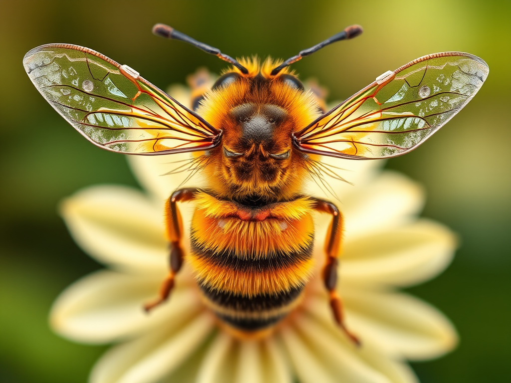 Create a detailed illustration of a bee with vibrant colors, focusing on the intricate patterns of the wings and body, using a macro lens at f/2.8, 1/200s shutter speed, ISO 100, shot in natural light with a shallow depth of field to emphasize the bee; perspective from above to capture its features clearly.