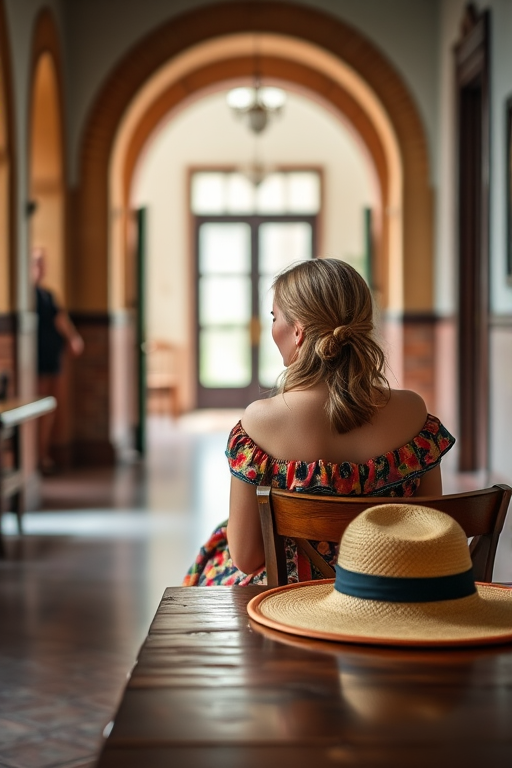 Regenerate an image of a woman in a colorful dress sitting at a wooden table with a straw hat nearby, in a well-lit room with arched doorways, using a DSLR camera, aperture f/2.8, ISO 100, 50mm lens, soft focus style.